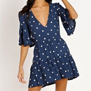 Faithful the Brand Fresa Blue Ronja Dot Sleeve Babydoll Mini Dress Sz 8 Large